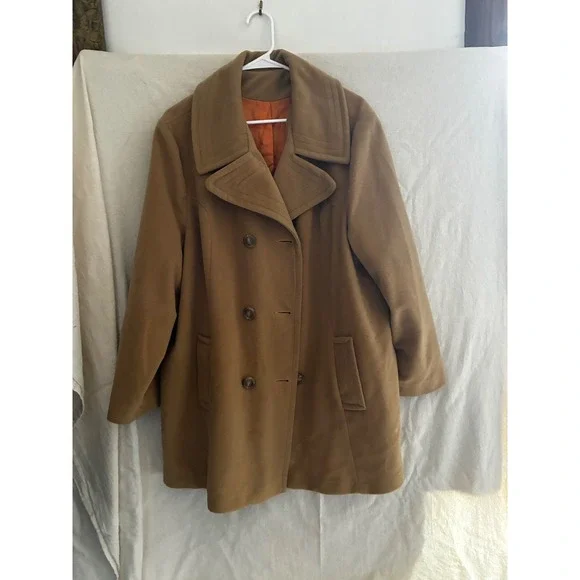 Vintage Montgomery Ward Camel Wool Pea Coat Double Breasted Orange Lining ILGWU - Picture 8 of 16